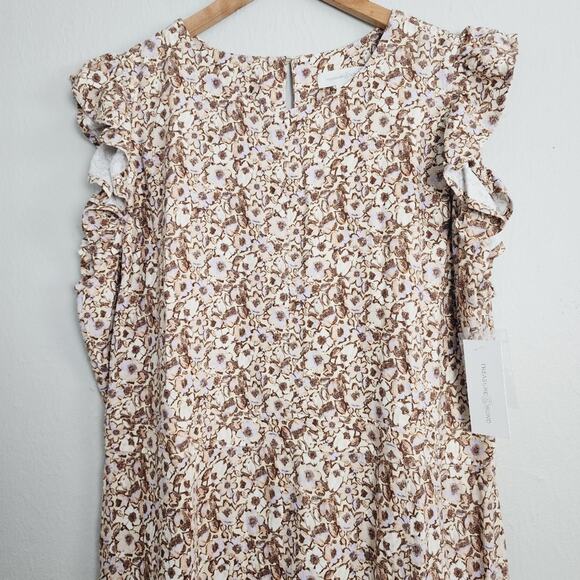 NEW Treasure & Bond Floral Flutter Sleeve Linen Blend Midi Dress Beige - Picture 5 of 11